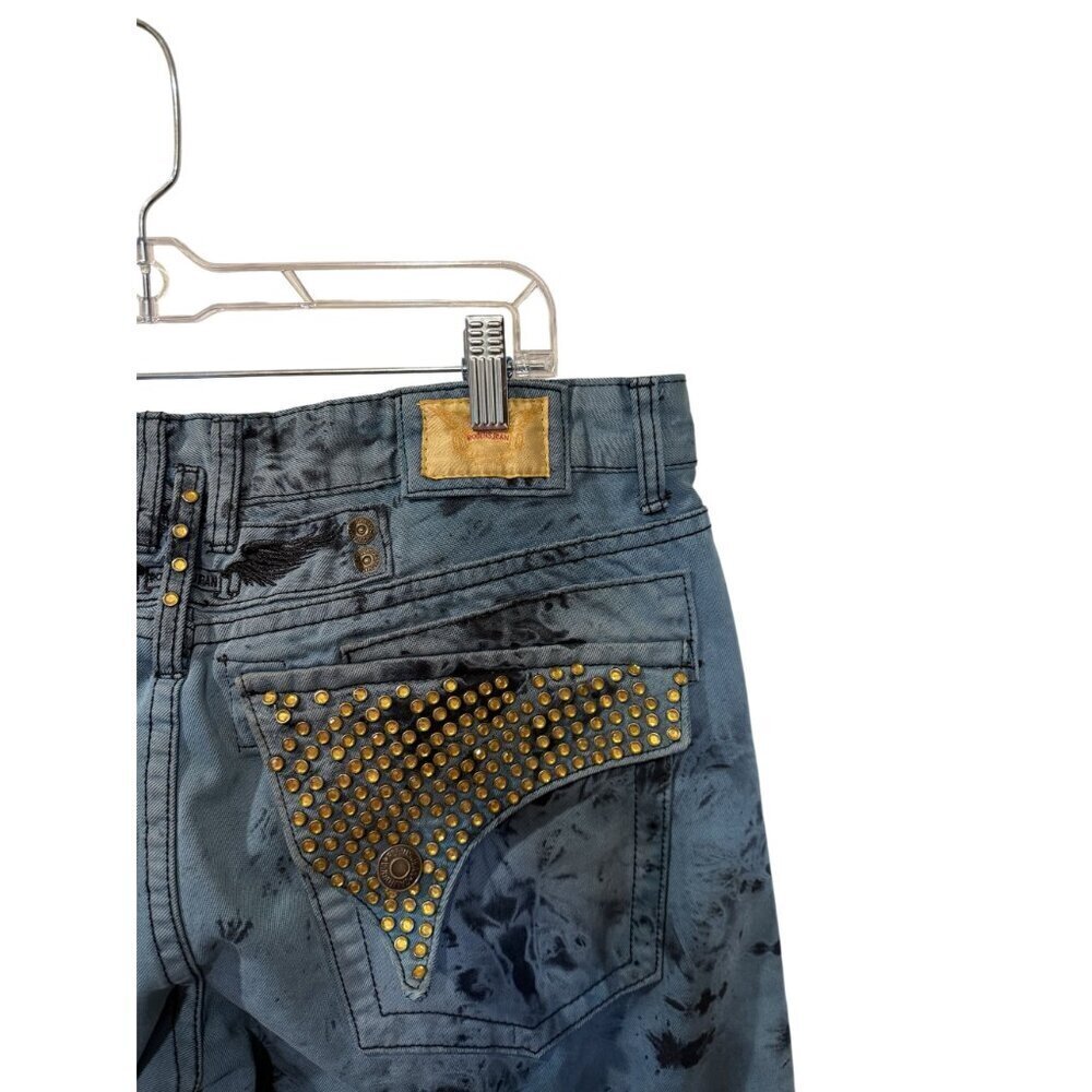 Robins Jean Tie-Dye Slim Fit Denim Jeans Blue Black Studded Back Pockets size 40 - Picture 7 of 11